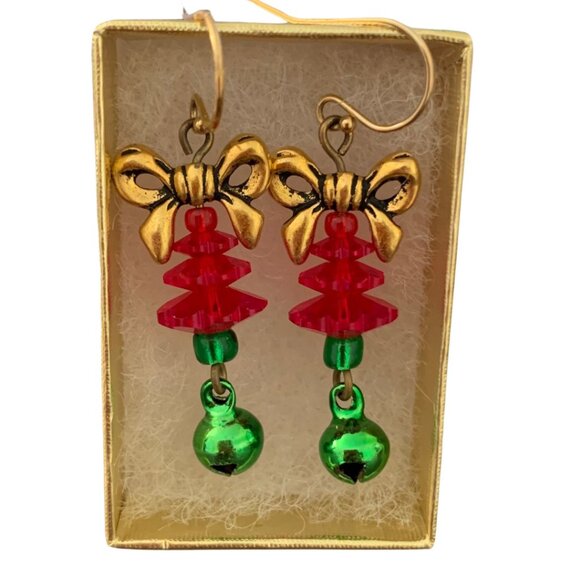 Christmas Tree with Ribbons and Bells Dangle Earrings Holiday Earrings - Picture 2 of 4
